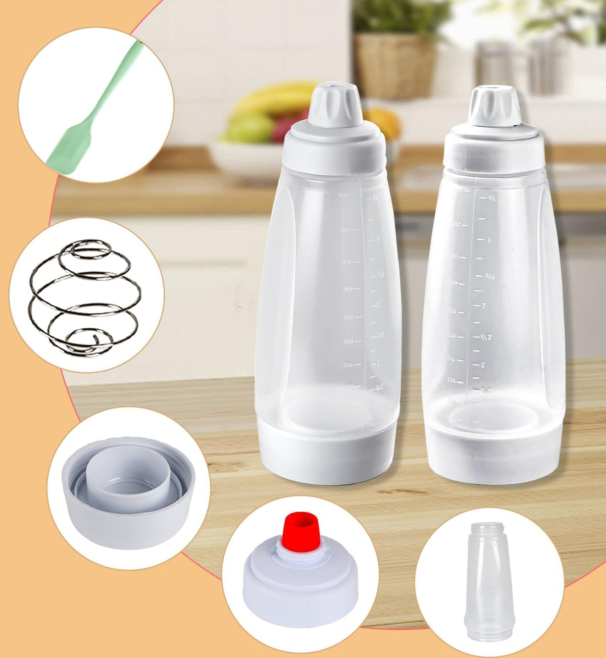 Pancake Batter Dispenser,Pancake Batter Dispenser Bottle with Whisk Ball and Stand Base, Batter Mixer and Dispenser for Pancakes, Crepes, Waffle,Kitchen Baking Tool 2 Packs