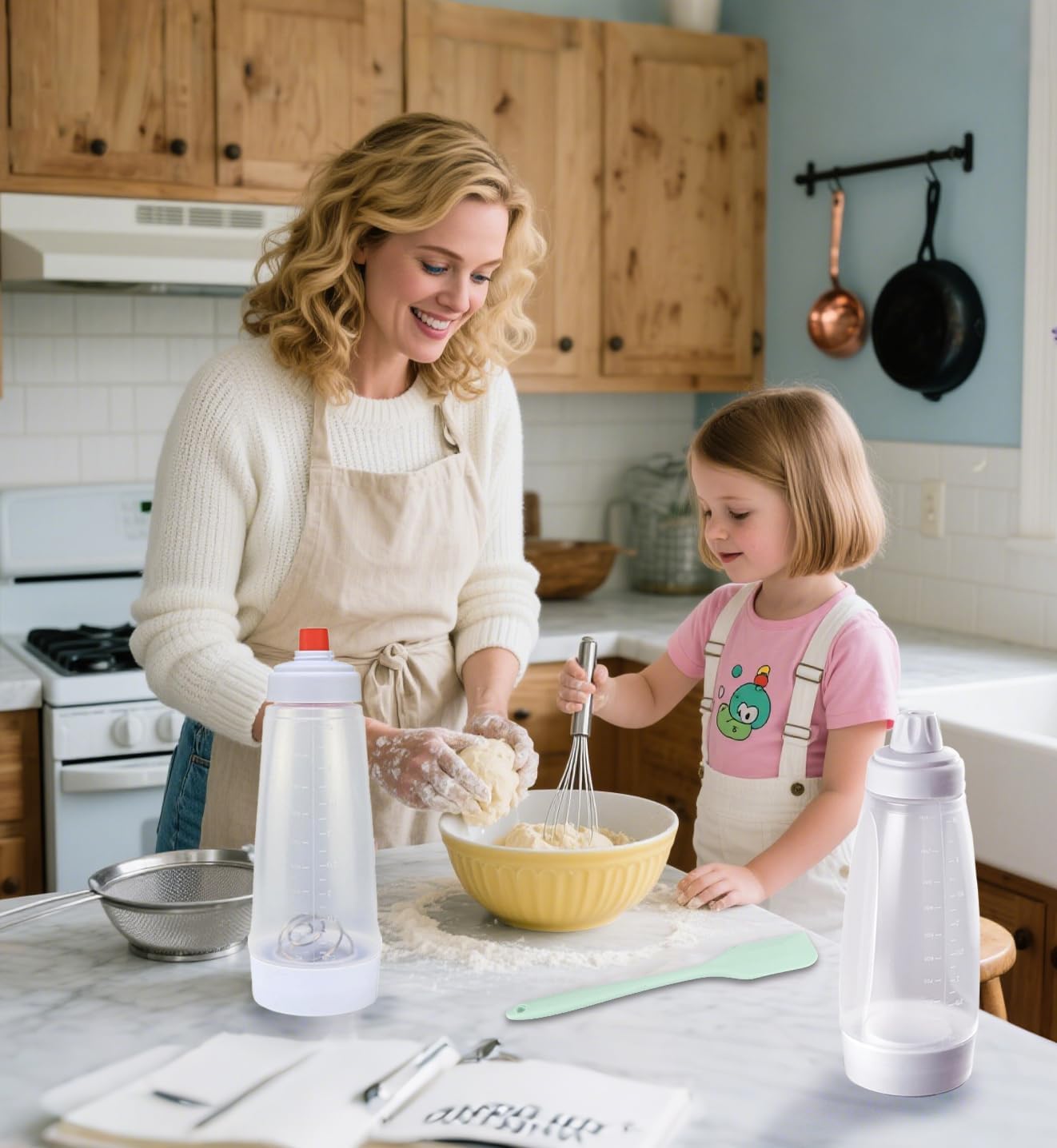 Pancake Batter Dispenser,Pancake Batter Dispenser Bottle with Whisk Ball and Stand Base, Batter Mixer and Dispenser for Pancakes, Crepes, Waffle,Kitchen Baking Tool 2 Packs