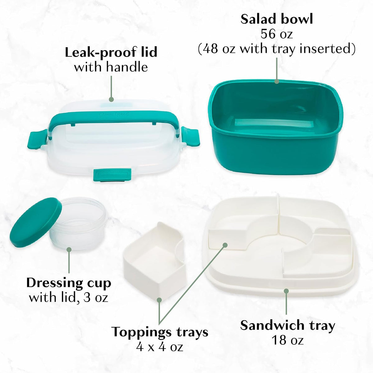 Stackable Lunch Box Container, Bento Style Food Storage with Removeable Compartments for Sandwich, Snacks, Toppings & Dressing, Leak-Proof and Made without BPA, 56-Ounce, Teal