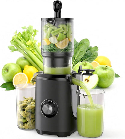 Cold Press Juicer Machines, Masticating Juicer with High Juice Yield, Reverse Function, Stops Oxidation and Easy to Clean for Vegetables & Fruits, Black