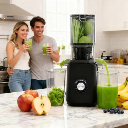 Cold Press Juicer Machines, Masticating Juicer with High Juice Yield, Reverse Function, Stops Oxidation and Easy to Clean for Vegetables & Fruits, Black