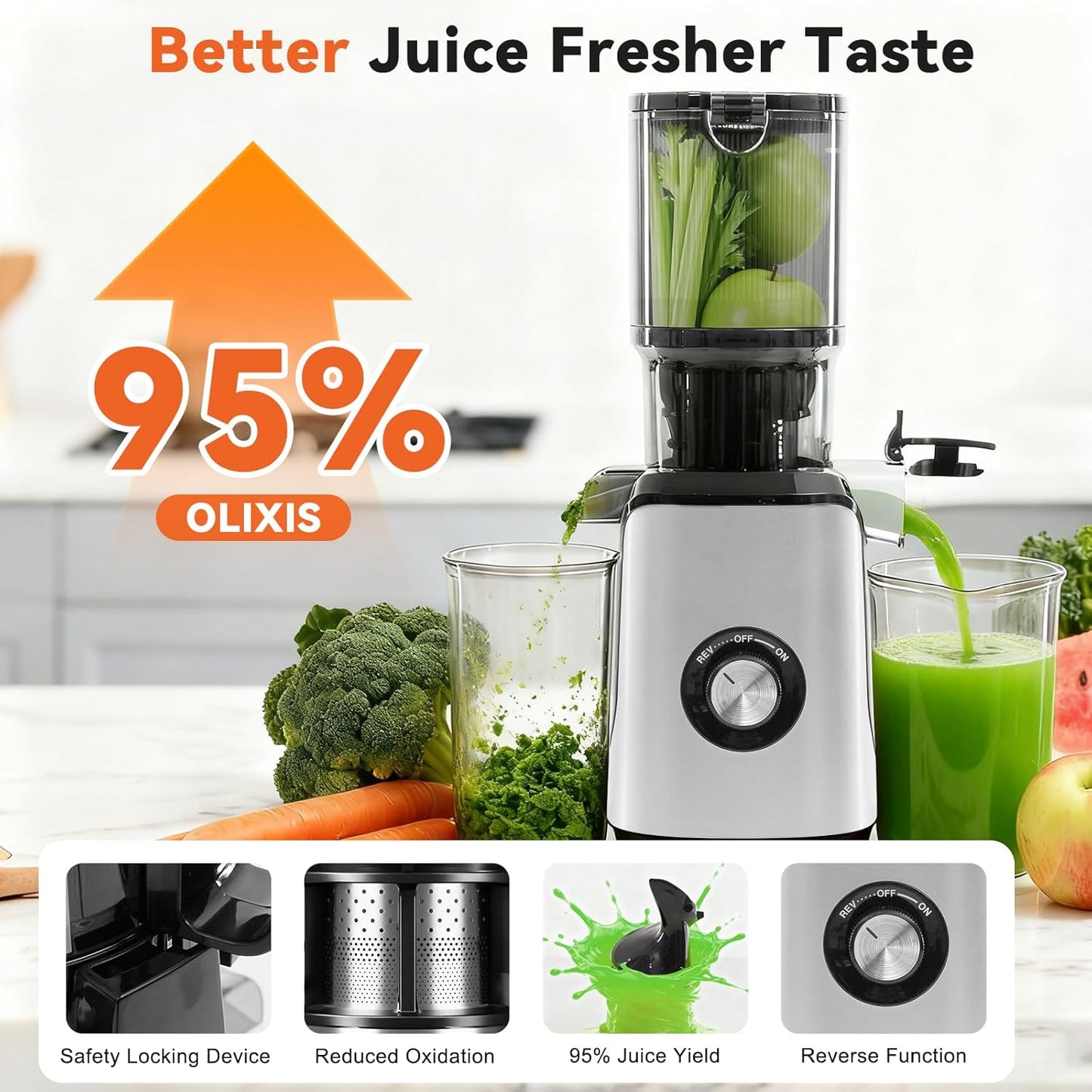 Cold Press Juicer Machines, Masticating Juicer with High Juice Yield, Reverse Function, Stops Oxidation and Easy to Clean for Vegetables & Fruits, Black