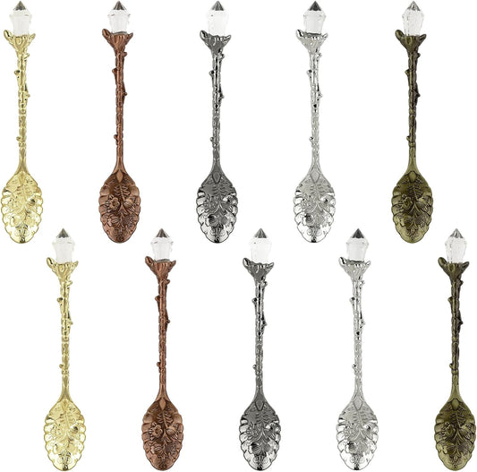 Retro Crystal Antique Alloy Spoon Coffee Tea Dessert Mini Ice Cream Decorative Spoons Set for Home Office (10 Pack)