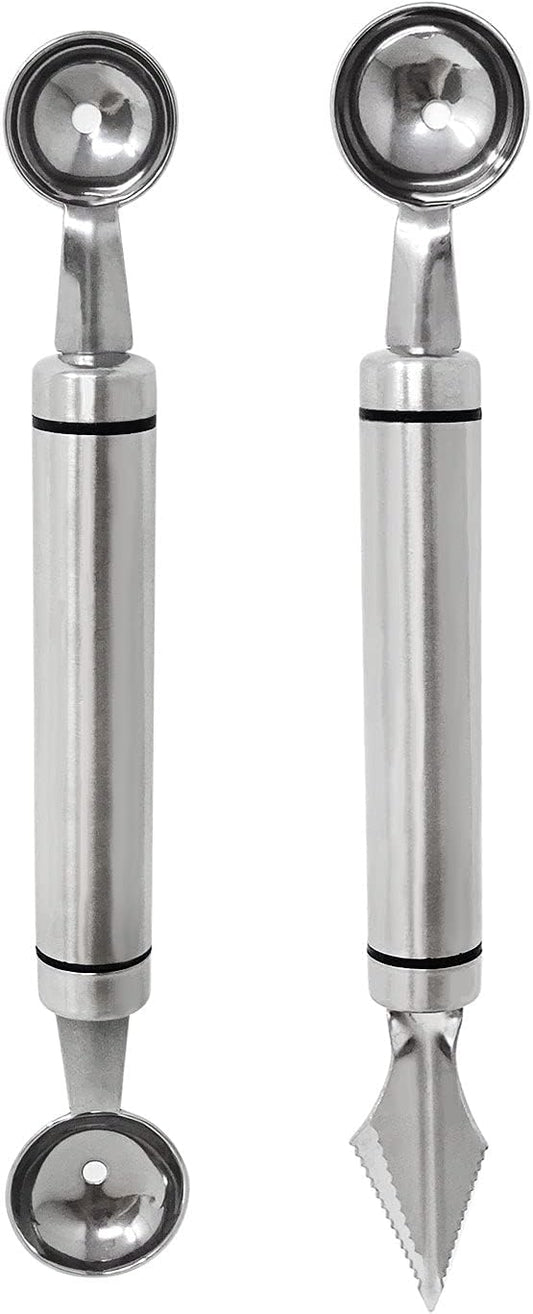 2PCS Stainless Steel Double-Headed Melon Baller Scoop Fruit Carving Knife Dual-Purpose Cooking Spoon Kitchen Tools for Watermelon Cantaloupe Ice Cream Sorbet Dessert