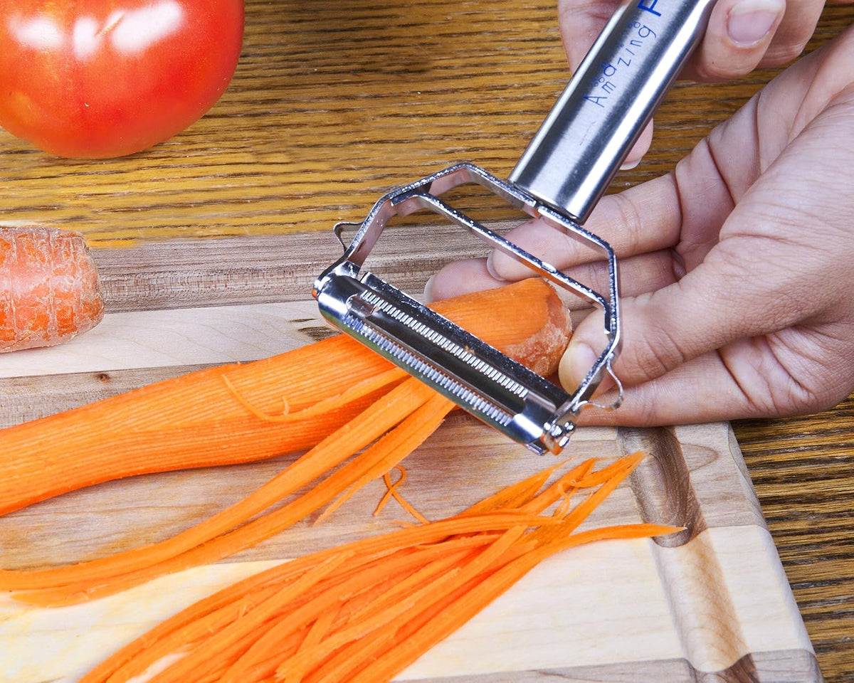 Julienne Vegetable Peeler, Cutter and Slicer is Perfect for Making Potato, Carrot, Zucchini or Butternut Squash Noodles. Includes a Free Cleaning Brush and has a Dual Blade Feature. Enhance Your Kitchen Experience Now!