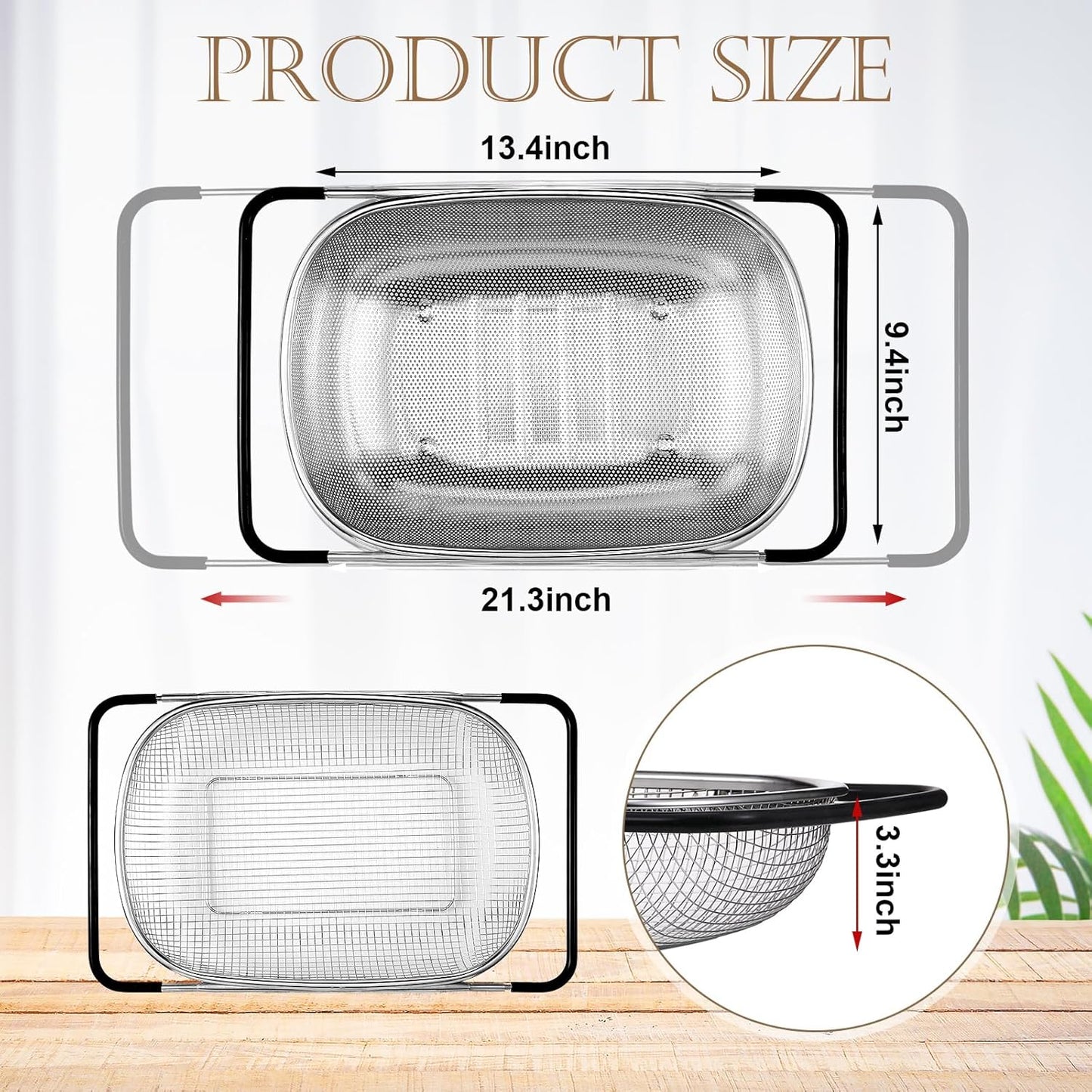 2 Pcs Large Over The Sink Colander, 6 Quart Stainless Steel Colander with Fine Mesh or Grid, Strainer Basket with Expandable Rubber Handles, Strain, Drain, Rinse Vegetable Fruit for Kitchen