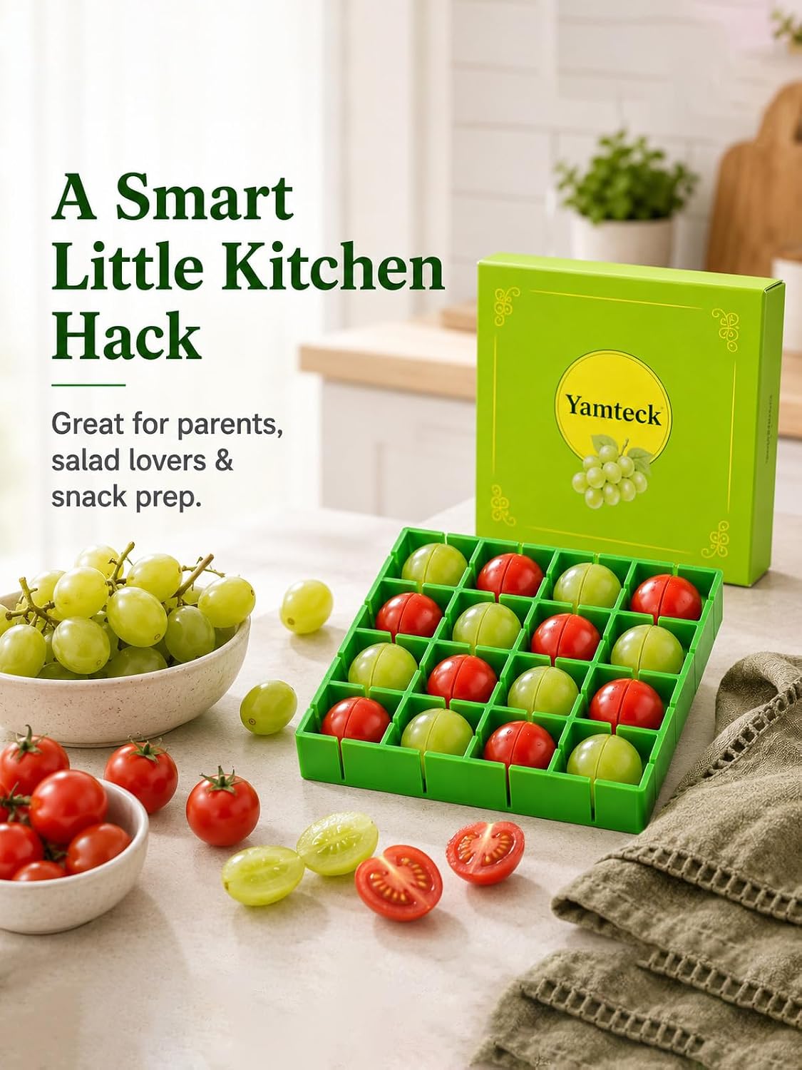 Grapes Cherry Tomatoes Cutter Slicer Half or Quarter Cutting 16Pcs at a Time, Food Grade Material, Dishwasher Safe, Fruit Container Holder Cutter for Salad Kids Baby Toddlers' Snacks