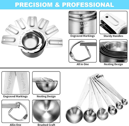 20 PCS Measuring Cups & Spoons Set, for Cooking & Baking Gadgets | 18/10 Stainless Steel, Metal Material | Nesting, Stackable Design | Dry & Liquid | Plastic | Leveler, Conversion Chart