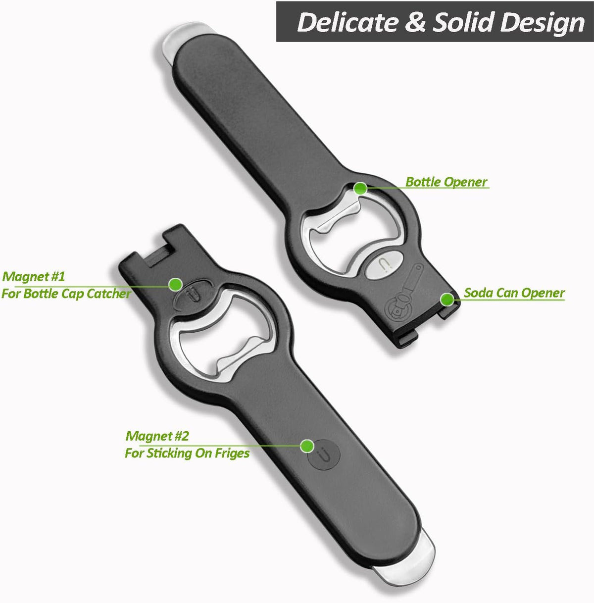 2-in-1 Magnetic Soda Can & Beer Bottle Opener-Dual Magnets for Fridge & Cap Catcher, Heavy Duty Stainless Steel, Perfect for Big Hands,Long nails, RV, Bartender, Gift for Father, Black, 2 Pack
