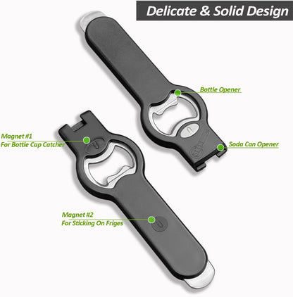 2-in-1 Magnetic Soda Can & Beer Bottle Opener-Dual Magnets for Fridge & Cap Catcher, Heavy Duty Stainless Steel, Perfect for Big Hands,Long nails, RV, Bartender, Gift for Father, Black, 2 Pack