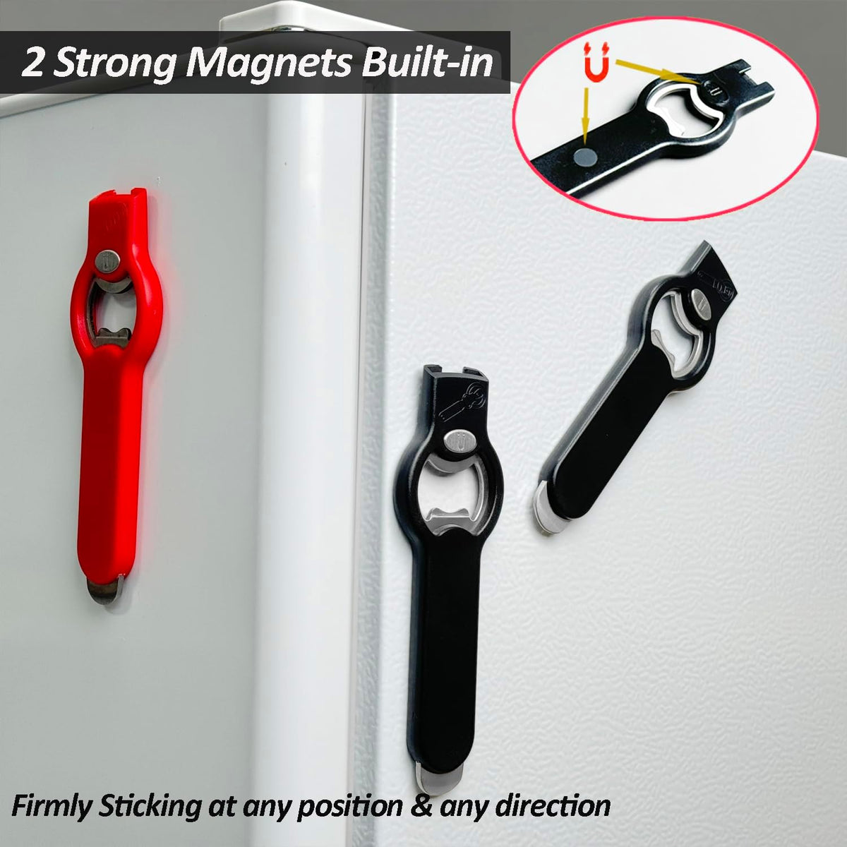 2-in-1 Magnetic Soda Can & Beer Bottle Opener-Dual Magnets for Fridge & Cap Catcher, Heavy Duty Stainless Steel, Perfect for Big Hands,Long nails, RV, Bartender, Gift for Father, Black, 2 Pack