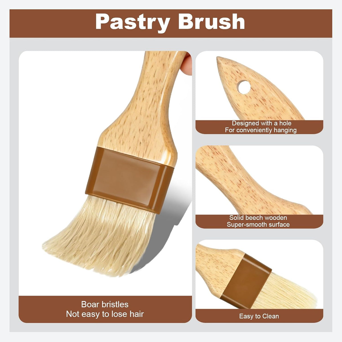 Pastry Brush, Natural Bristle Basting Brush for Cooking and Baking, Premium BBQ Brushes for Butter, Oil, Egg, Sauce, Turkey, Marinade and Kitchen Food