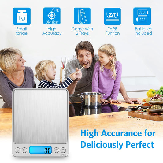 Digital Kitchen Scale, 3000g 0.01oz/ 0.1g Pocket Coffee Scale, Mini Food Scale, Pro Electronic Jewelry Scale with Back-Lit LCD Display, Tare & PCS Functions, Stainless Steel, Batteries Included