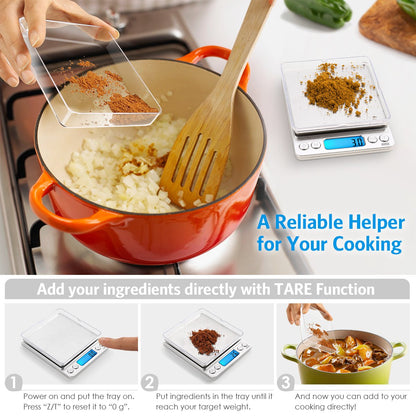 Digital Kitchen Scale, 3000g 0.01oz/ 0.1g Pocket Coffee Scale, Mini Food Scale, Pro Electronic Jewelry Scale with Back-Lit LCD Display, Tare & PCS Functions, Stainless Steel, Batteries Included