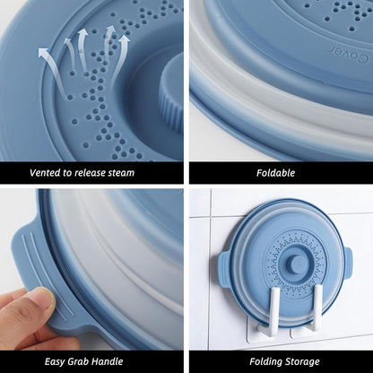 2 Pcs Microwave Splatter Cover, 10.7'' Blue&Grey Collapsible Splatter Guard&Vegetable Fruit Colander 2 in 1, Vented Microwave Lid with Anti-scald BPA-Free Dishwasher Safe Kitchen Gadget for Meal Prep