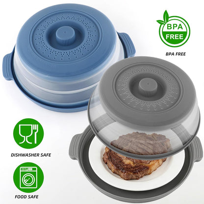 2 Pcs Microwave Splatter Cover, 10.7'' Blue&Grey Collapsible Splatter Guard&Vegetable Fruit Colander 2 in 1, Vented Microwave Lid with Anti-scald BPA-Free Dishwasher Safe Kitchen Gadget for Meal Prep