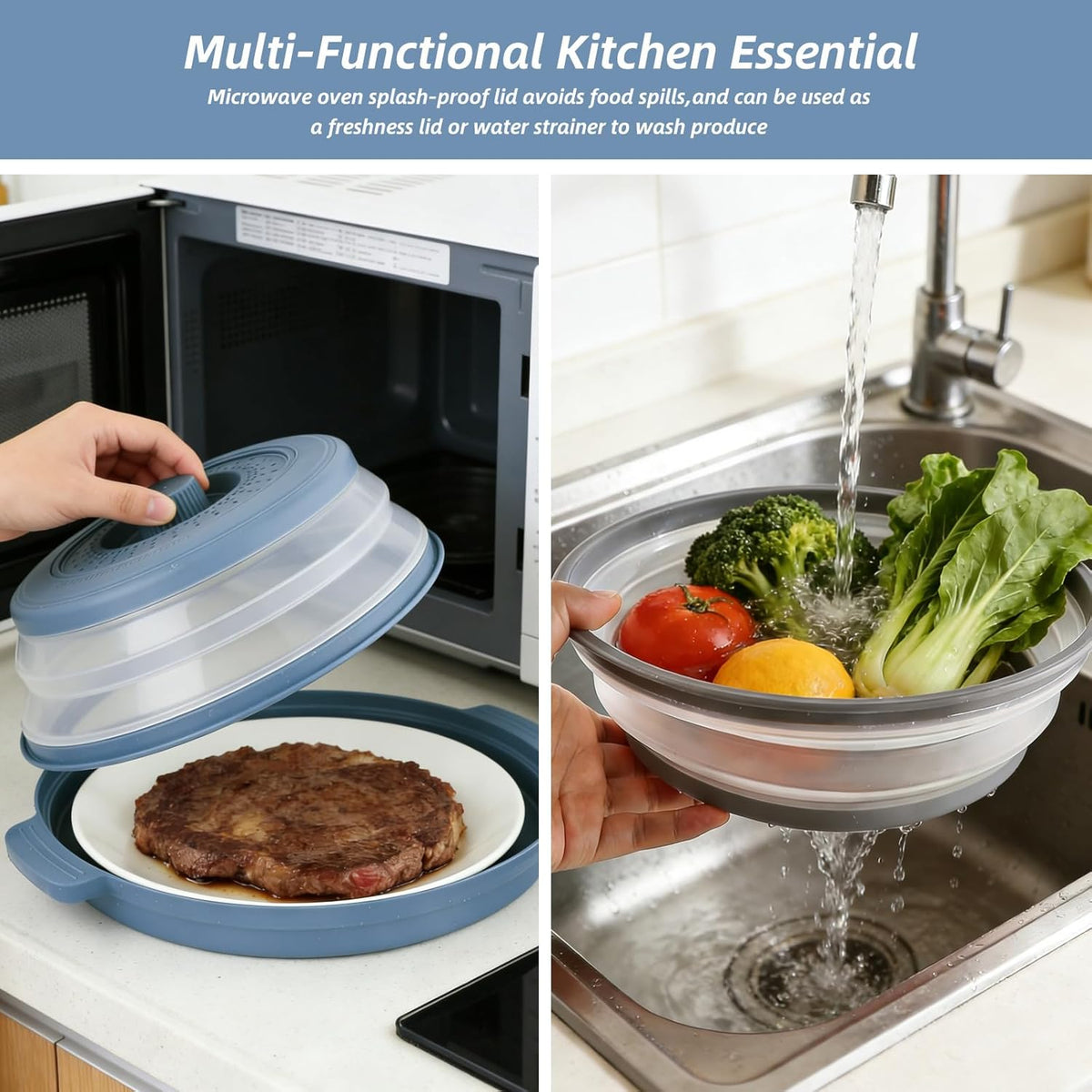 2 Pcs Microwave Splatter Cover, 10.7'' Blue&Grey Collapsible Splatter Guard&Vegetable Fruit Colander 2 in 1, Vented Microwave Lid with Anti-scald BPA-Free Dishwasher Safe Kitchen Gadget for Meal Prep