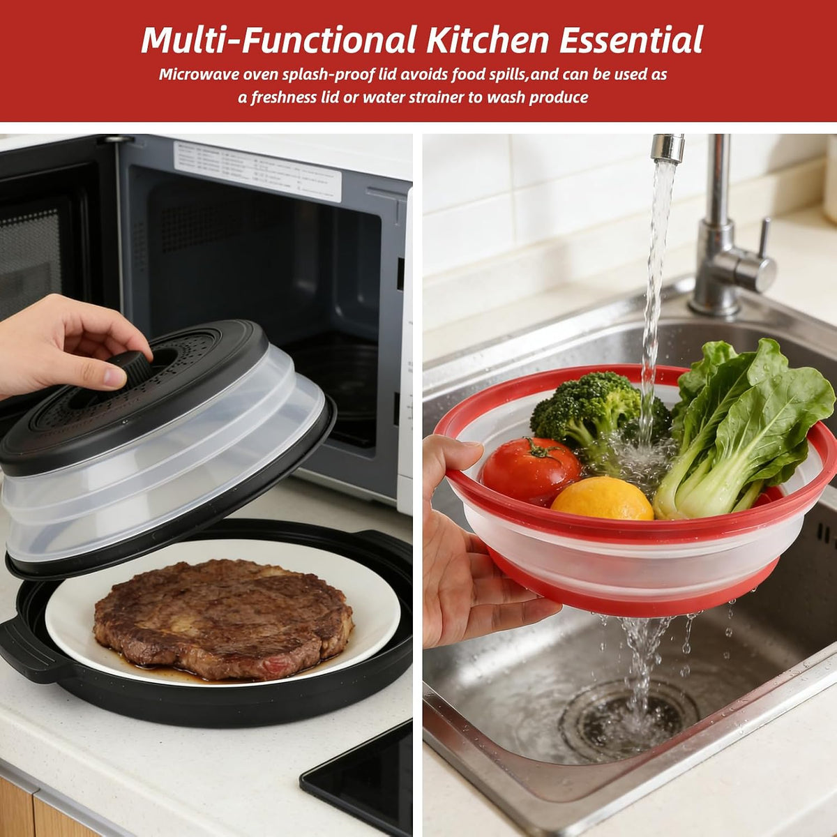 2 Pcs Microwave Splatter Cover, 10.7'' Blue&Grey Collapsible Splatter Guard&Vegetable Fruit Colander 2 in 1, Vented Microwave Lid with Anti-scald BPA-Free Dishwasher Safe Kitchen Gadget for Meal Prep