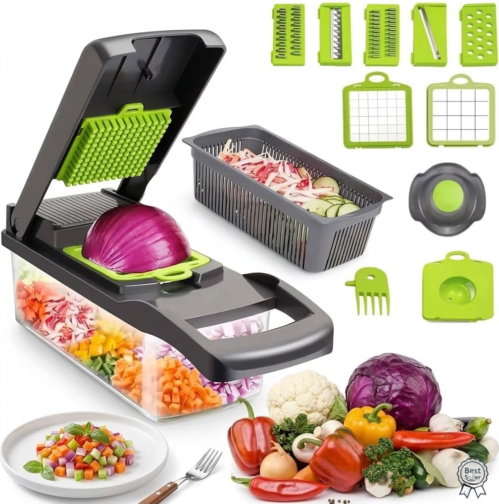 16-in-1 Vegetable Chopper, Vegetable Cutter & Slicer with Container, Multifunctional Manual Food Dicer, Shredder, Grater & Julienne Cutter for Kitchen
