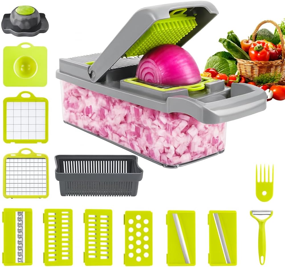 16-in-1 Vegetable Chopper, Vegetable Cutter & Slicer with Container, Multifunctional Manual Food Dicer, Shredder, Grater & Julienne Cutter for Kitchen