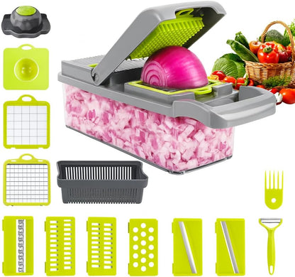 16-in-1 Vegetable Chopper, Vegetable Cutter & Slicer with Container, Multifunctional Manual Food Dicer, Shredder, Grater & Julienne Cutter for Kitchen
