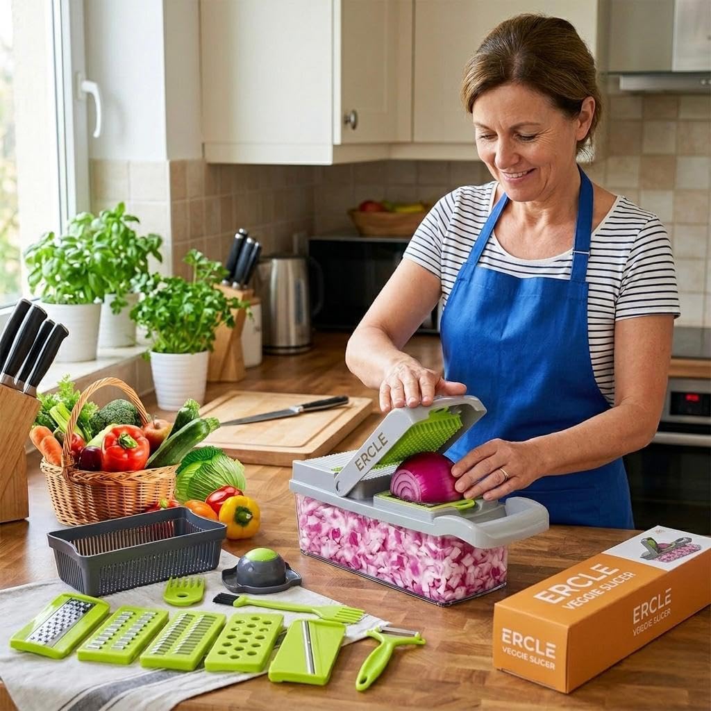 16-in-1 Vegetable Chopper, Vegetable Cutter & Slicer with Container, Multifunctional Manual Food Dicer, Shredder, Grater & Julienne Cutter for Kitchen