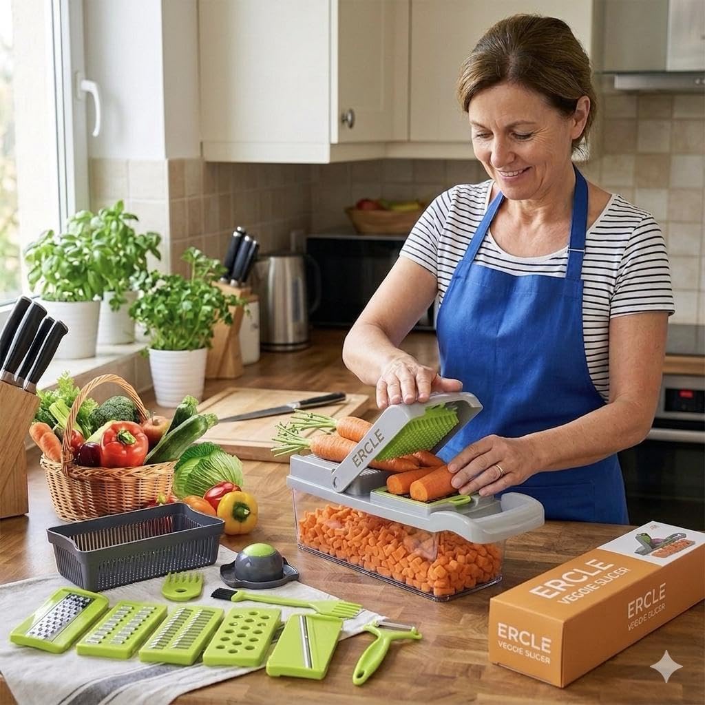 16-in-1 Vegetable Chopper, Vegetable Cutter & Slicer with Container, Multifunctional Manual Food Dicer, Shredder, Grater & Julienne Cutter for Kitchen