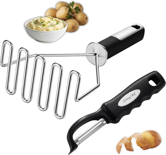Stainless Steel Potato Masher & Durable Vegetable Peeler Set | Fruit & Food Smasher For Avocado, Banana, Eggs and Durable Potato Peeler with Sharp Blades & Soft Grip for Veggies & Fruits