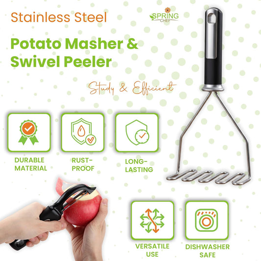 Stainless Steel Potato Masher & Durable Vegetable Peeler Set | Fruit & Food Smasher For Avocado, Banana, Eggs and Durable Potato Peeler with Sharp Blades & Soft Grip for Veggies & Fruits