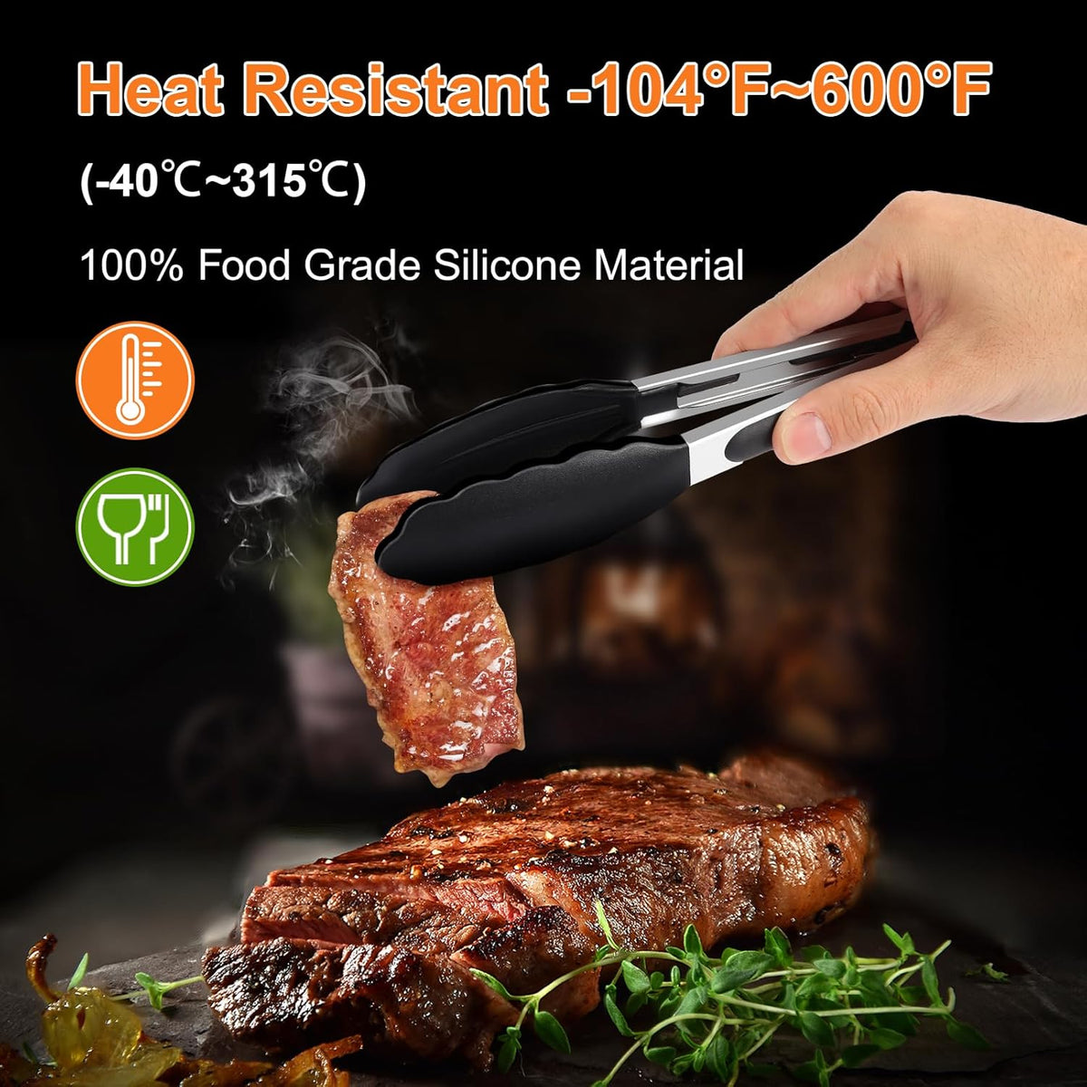 2 Pack Black Premium Stainless Steel Heat Resistant Kitchen Tongs for cooking,set of 9" and 12",Non Scratch Silicone cooking Tong Tip for Cooking Pans,Strong Grip BBQ tongs for Grabbing Hot Food