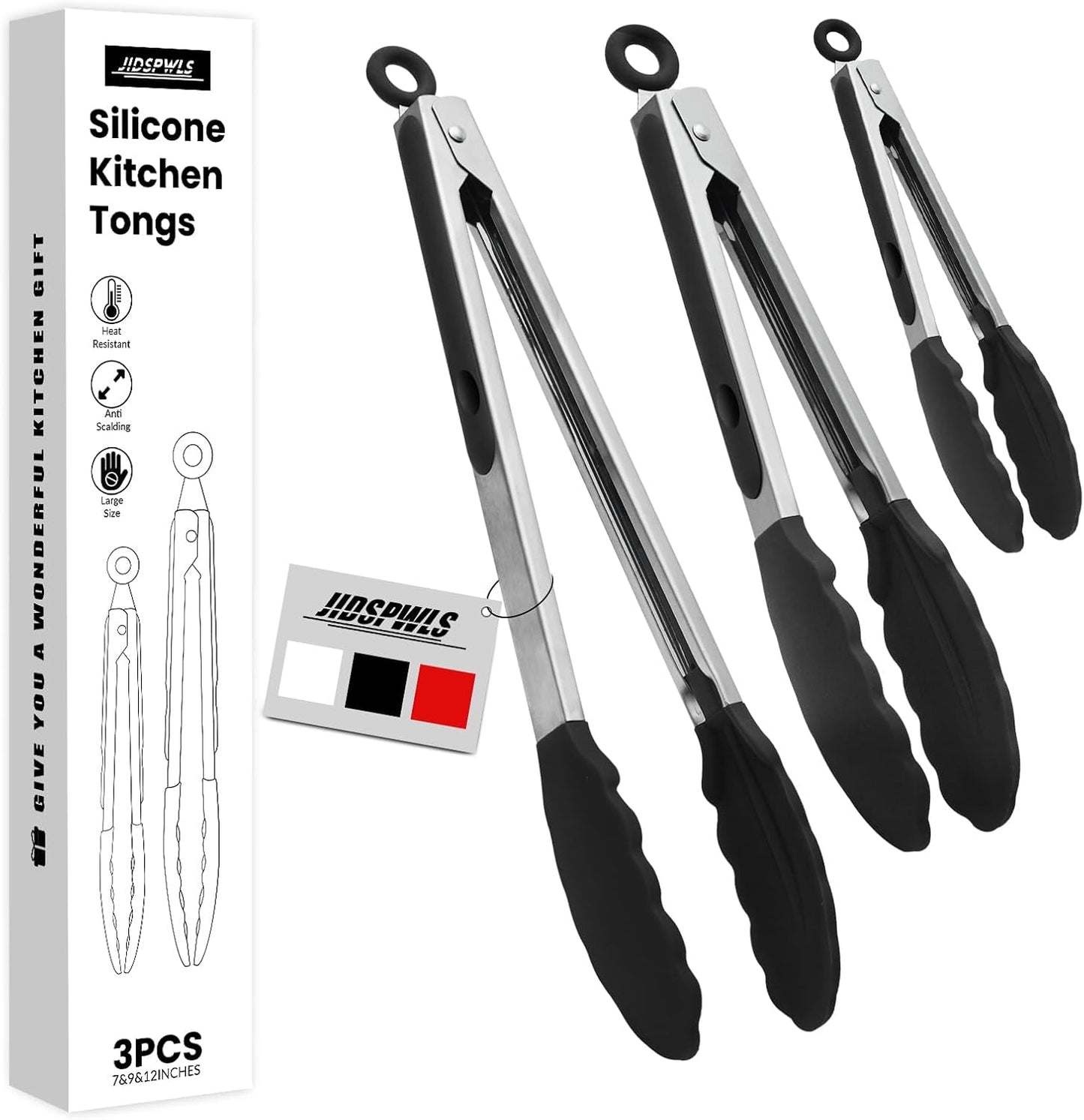 2 Pack Black Premium Stainless Steel Heat Resistant Kitchen Tongs for cooking,set of 9" and 12",Non Scratch Silicone cooking Tong Tip for Cooking Pans,Strong Grip BBQ tongs for Grabbing Hot Food