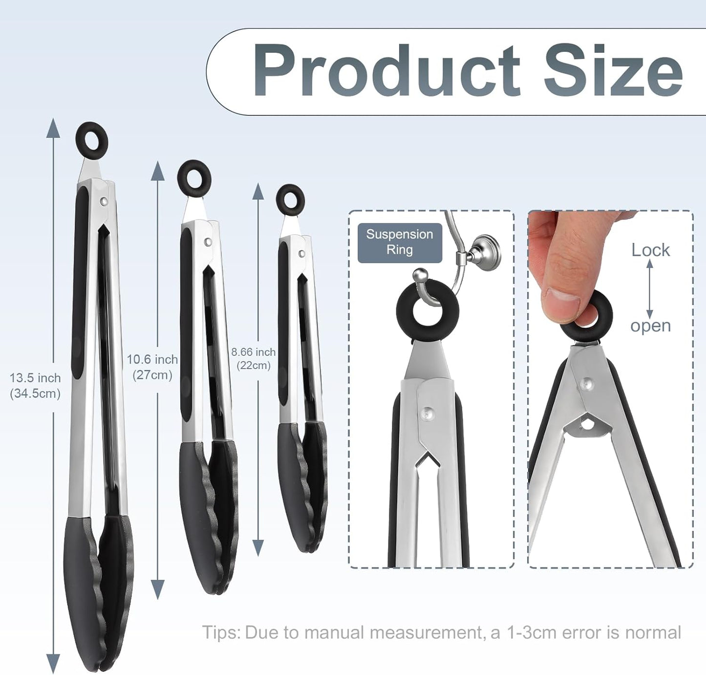 2 Pack Black Premium Stainless Steel Heat Resistant Kitchen Tongs for cooking,set of 9" and 12",Non Scratch Silicone cooking Tong Tip for Cooking Pans,Strong Grip BBQ tongs for Grabbing Hot Food
