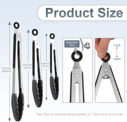 2 Pack Black Premium Stainless Steel Heat Resistant Kitchen Tongs for cooking,set of 9" and 12",Non Scratch Silicone cooking Tong Tip for Cooking Pans,Strong Grip BBQ tongs for Grabbing Hot Food