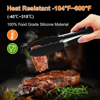 2 Pack Black Premium Stainless Steel Heat Resistant Kitchen Tongs for cooking,set of 9" and 12",Non Scratch Silicone cooking Tong Tip for Cooking Pans,Strong Grip BBQ tongs for Grabbing Hot Food