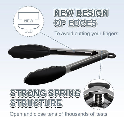 2 Pack Black Premium Stainless Steel Heat Resistant Kitchen Tongs for cooking,set of 9" and 12",Non Scratch Silicone cooking Tong Tip for Cooking Pans,Strong Grip BBQ tongs for Grabbing Hot Food