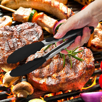2 Pack Black Premium Stainless Steel Heat Resistant Kitchen Tongs for cooking,set of 9" and 12",Non Scratch Silicone cooking Tong Tip for Cooking Pans,Strong Grip BBQ tongs for Grabbing Hot Food
