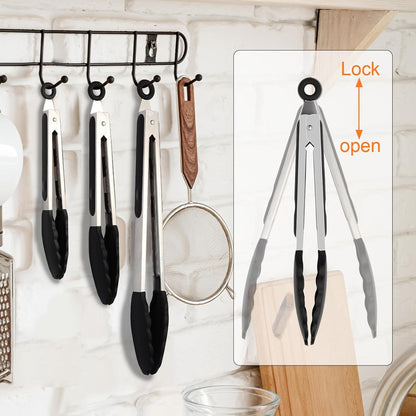 2 Pack Black Premium Stainless Steel Heat Resistant Kitchen Tongs for cooking,set of 9" and 12",Non Scratch Silicone cooking Tong Tip for Cooking Pans,Strong Grip BBQ tongs for Grabbing Hot Food