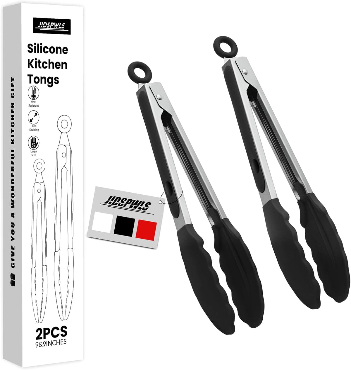 2 Pack Black Premium Stainless Steel Heat Resistant Kitchen Tongs for cooking,set of 9" and 12",Non Scratch Silicone cooking Tong Tip for Cooking Pans,Strong Grip BBQ tongs for Grabbing Hot Food