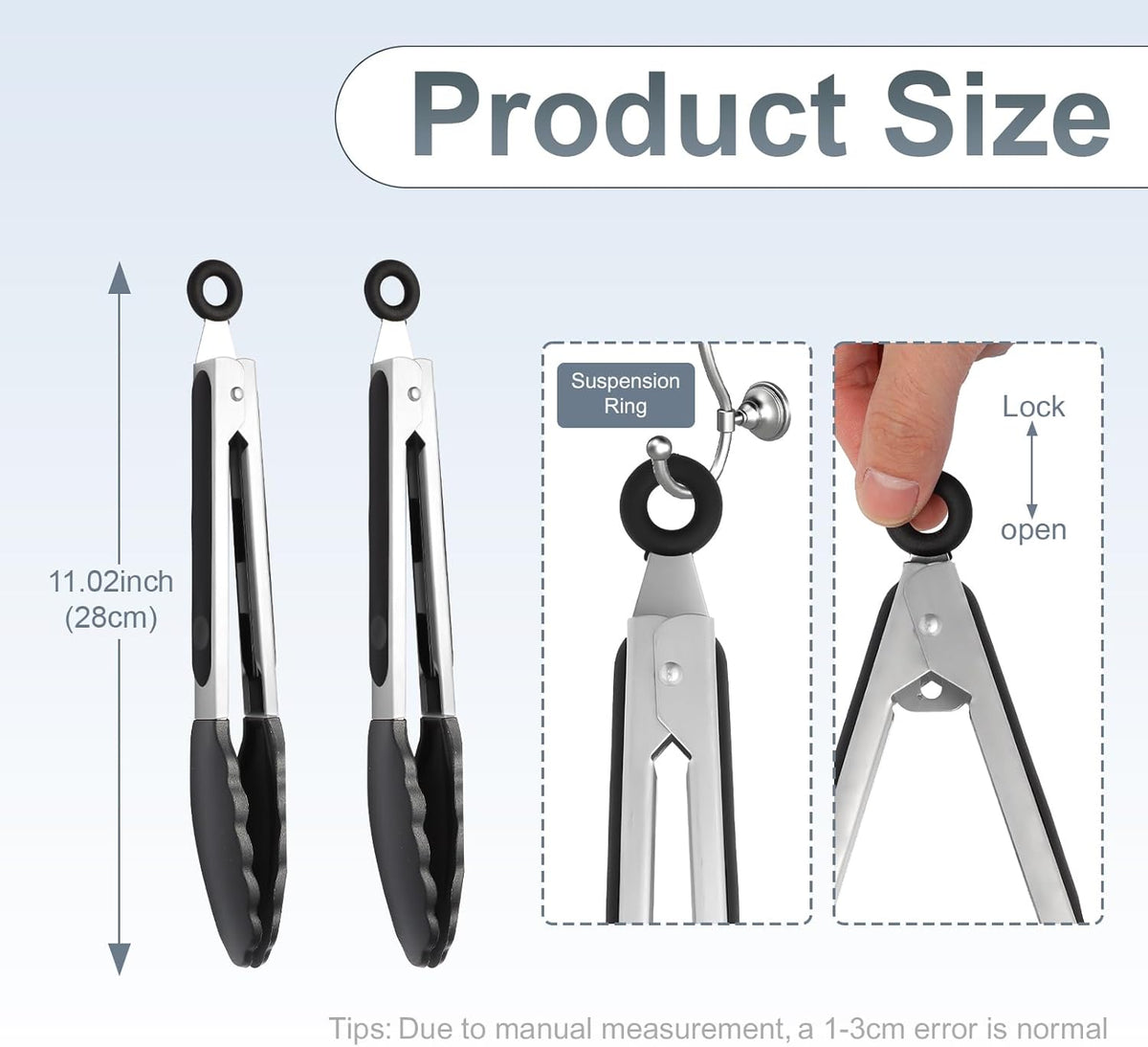 2 Pack Black Premium Stainless Steel Heat Resistant Kitchen Tongs for cooking,set of 9" and 12",Non Scratch Silicone cooking Tong Tip for Cooking Pans,Strong Grip BBQ tongs for Grabbing Hot Food