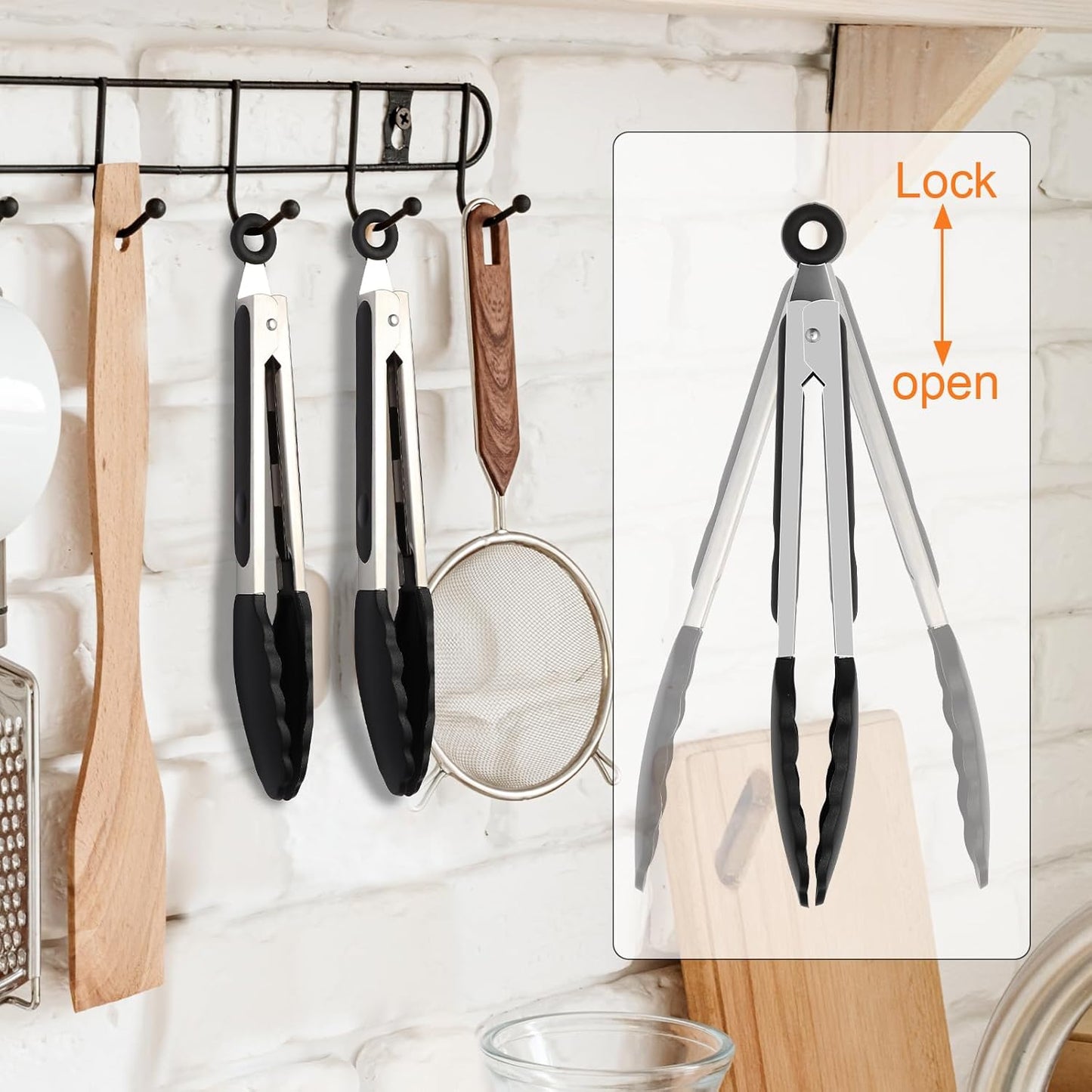 2 Pack Black Premium Stainless Steel Heat Resistant Kitchen Tongs for cooking,set of 9" and 12",Non Scratch Silicone cooking Tong Tip for Cooking Pans,Strong Grip BBQ tongs for Grabbing Hot Food