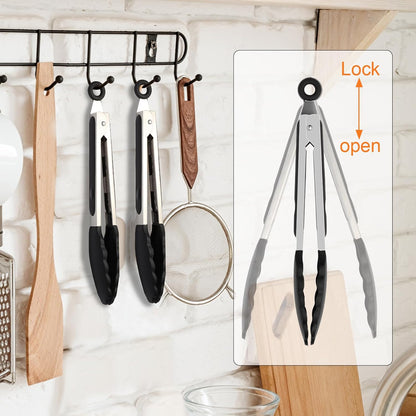 2 Pack Black Premium Stainless Steel Heat Resistant Kitchen Tongs for cooking,set of 9" and 12",Non Scratch Silicone cooking Tong Tip for Cooking Pans,Strong Grip BBQ tongs for Grabbing Hot Food