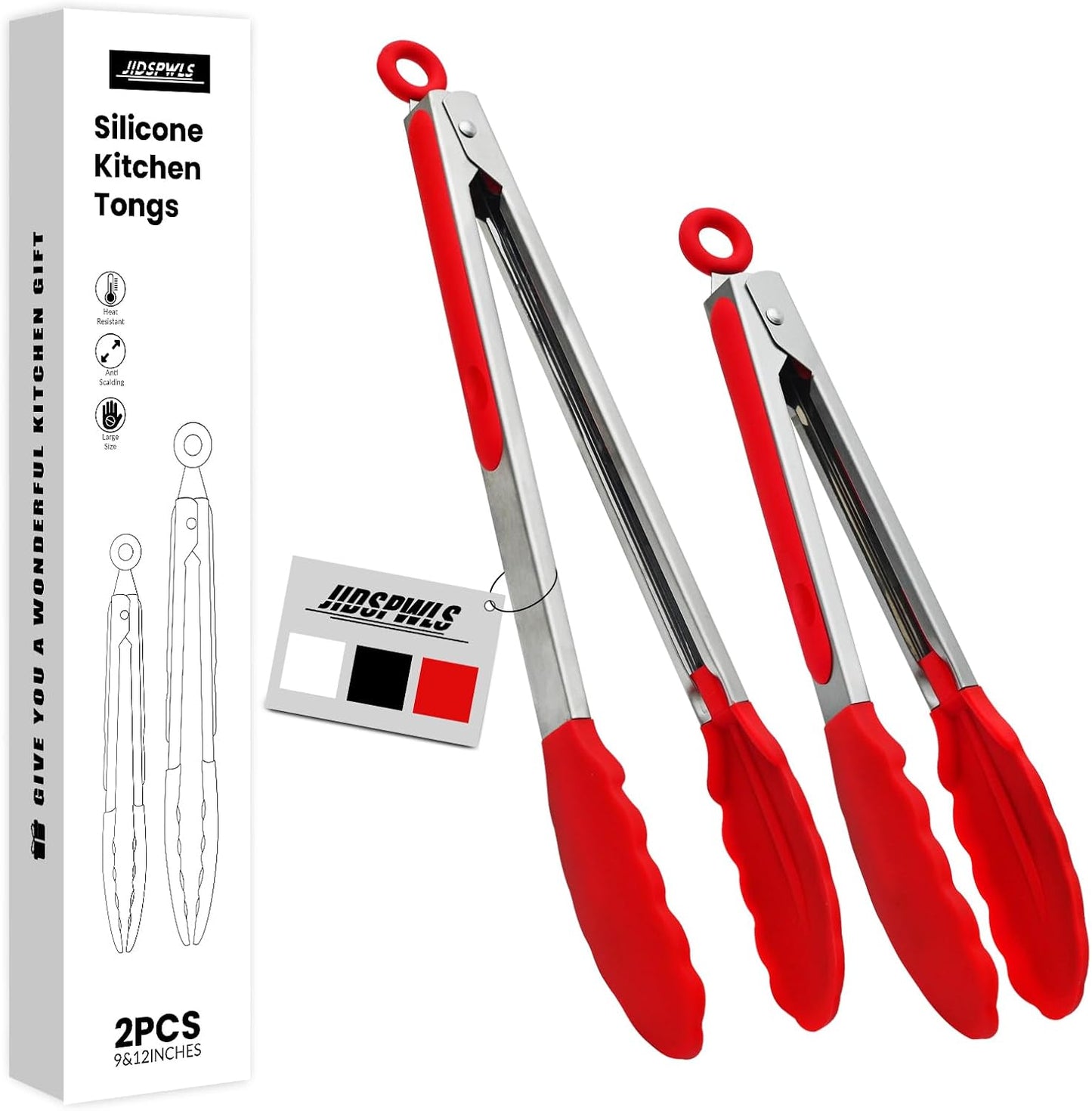 2 Pack Black Premium Stainless Steel Heat Resistant Kitchen Tongs for cooking,set of 9" and 12",Non Scratch Silicone cooking Tong Tip for Cooking Pans,Strong Grip BBQ tongs for Grabbing Hot Food