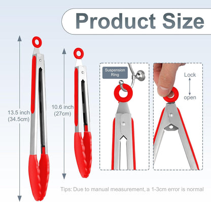 2 Pack Black Premium Stainless Steel Heat Resistant Kitchen Tongs for cooking,set of 9" and 12",Non Scratch Silicone cooking Tong Tip for Cooking Pans,Strong Grip BBQ tongs for Grabbing Hot Food