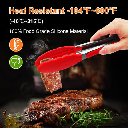 2 Pack Black Premium Stainless Steel Heat Resistant Kitchen Tongs for cooking,set of 9" and 12",Non Scratch Silicone cooking Tong Tip for Cooking Pans,Strong Grip BBQ tongs for Grabbing Hot Food