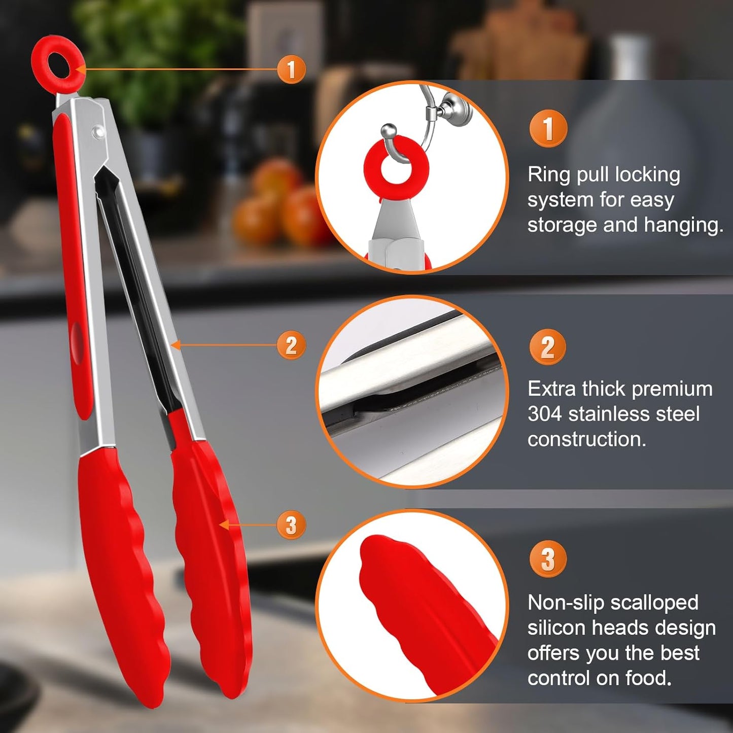 2 Pack Black Premium Stainless Steel Heat Resistant Kitchen Tongs for cooking,set of 9" and 12",Non Scratch Silicone cooking Tong Tip for Cooking Pans,Strong Grip BBQ tongs for Grabbing Hot Food