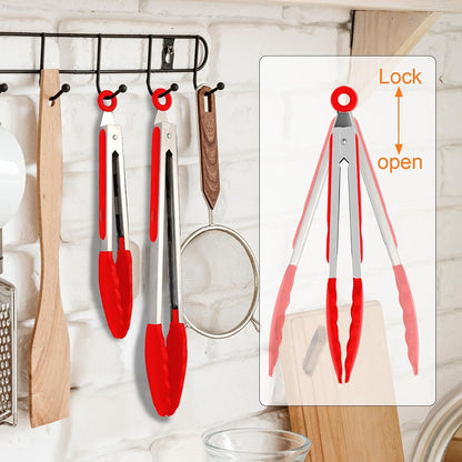 2 Pack Black Premium Stainless Steel Heat Resistant Kitchen Tongs for cooking,set of 9" and 12",Non Scratch Silicone cooking Tong Tip for Cooking Pans,Strong Grip BBQ tongs for Grabbing Hot Food