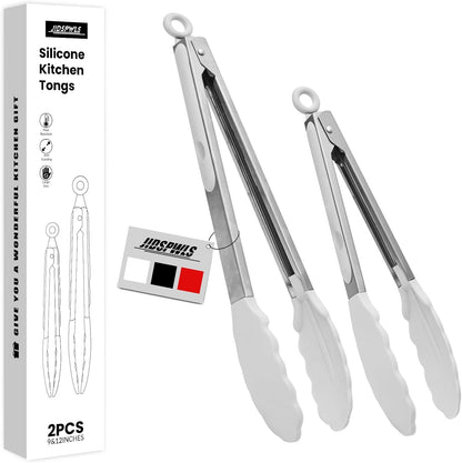 2 Pack Black Premium Stainless Steel Heat Resistant Kitchen Tongs for cooking,set of 9" and 12",Non Scratch Silicone cooking Tong Tip for Cooking Pans,Strong Grip BBQ tongs for Grabbing Hot Food