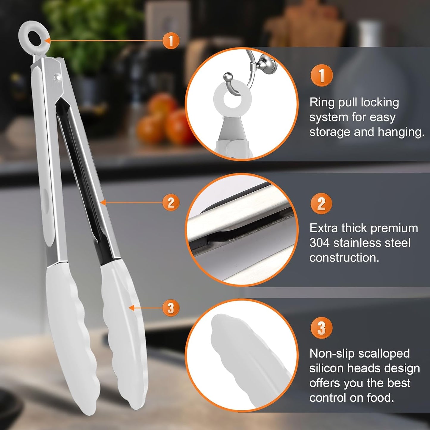 2 Pack Black Premium Stainless Steel Heat Resistant Kitchen Tongs for cooking,set of 9" and 12",Non Scratch Silicone cooking Tong Tip for Cooking Pans,Strong Grip BBQ tongs for Grabbing Hot Food