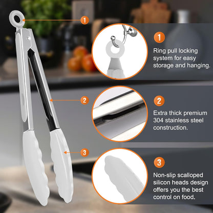 2 Pack Black Premium Stainless Steel Heat Resistant Kitchen Tongs for cooking,set of 9" and 12",Non Scratch Silicone cooking Tong Tip for Cooking Pans,Strong Grip BBQ tongs for Grabbing Hot Food