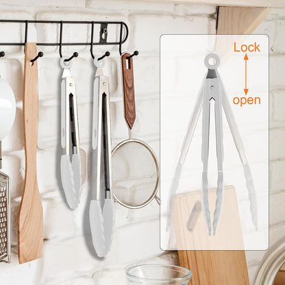 2 Pack Black Premium Stainless Steel Heat Resistant Kitchen Tongs for cooking,set of 9" and 12",Non Scratch Silicone cooking Tong Tip for Cooking Pans,Strong Grip BBQ tongs for Grabbing Hot Food